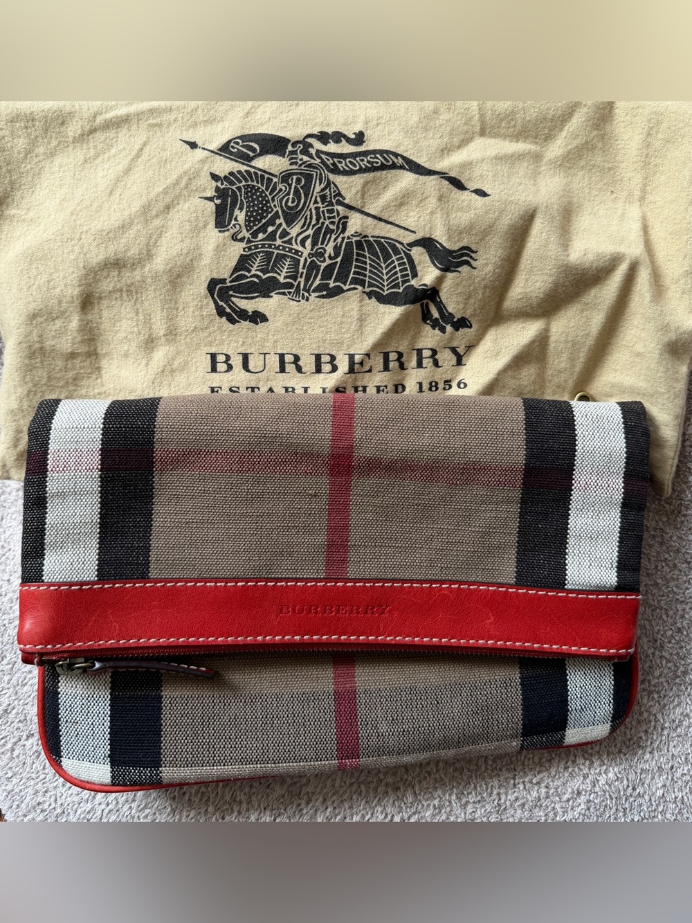Burberry House Check Jute Clutch Crossbody Red Leather Trim - Picture 10 of 13